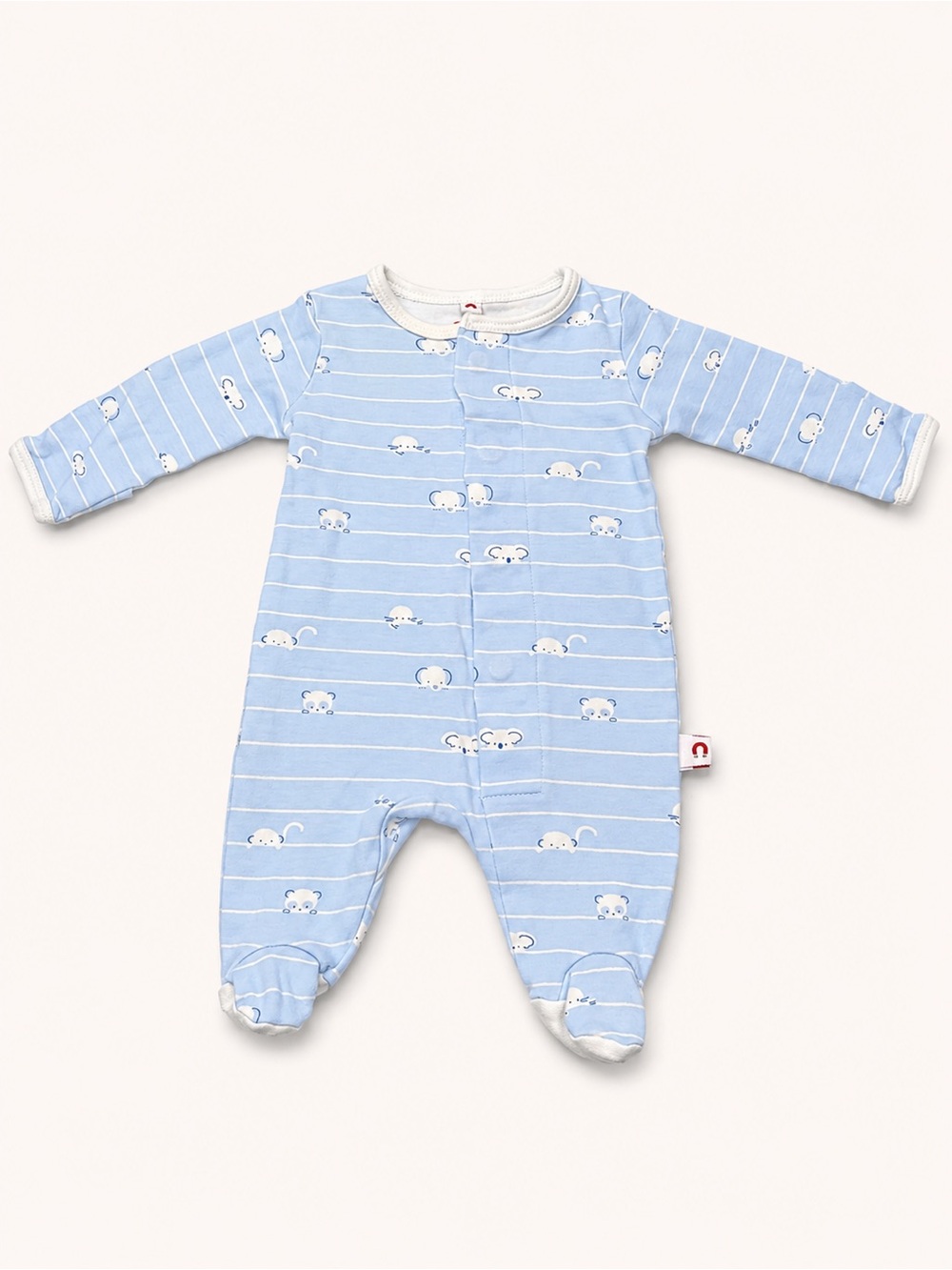 Easy = Magnetic Close Light Blue Striped Bear Print Footed One-Piece